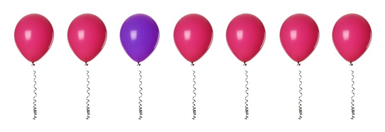 Image of Individuality, uniqueness, different. Purple balloon among crimson ones on white background