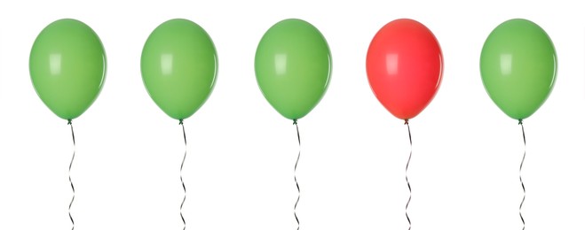 Image of Individuality, uniqueness, different. Red balloon among green ones on white background