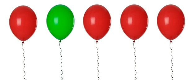 Image of Individuality, uniqueness, different. Green balloon among red ones on white background