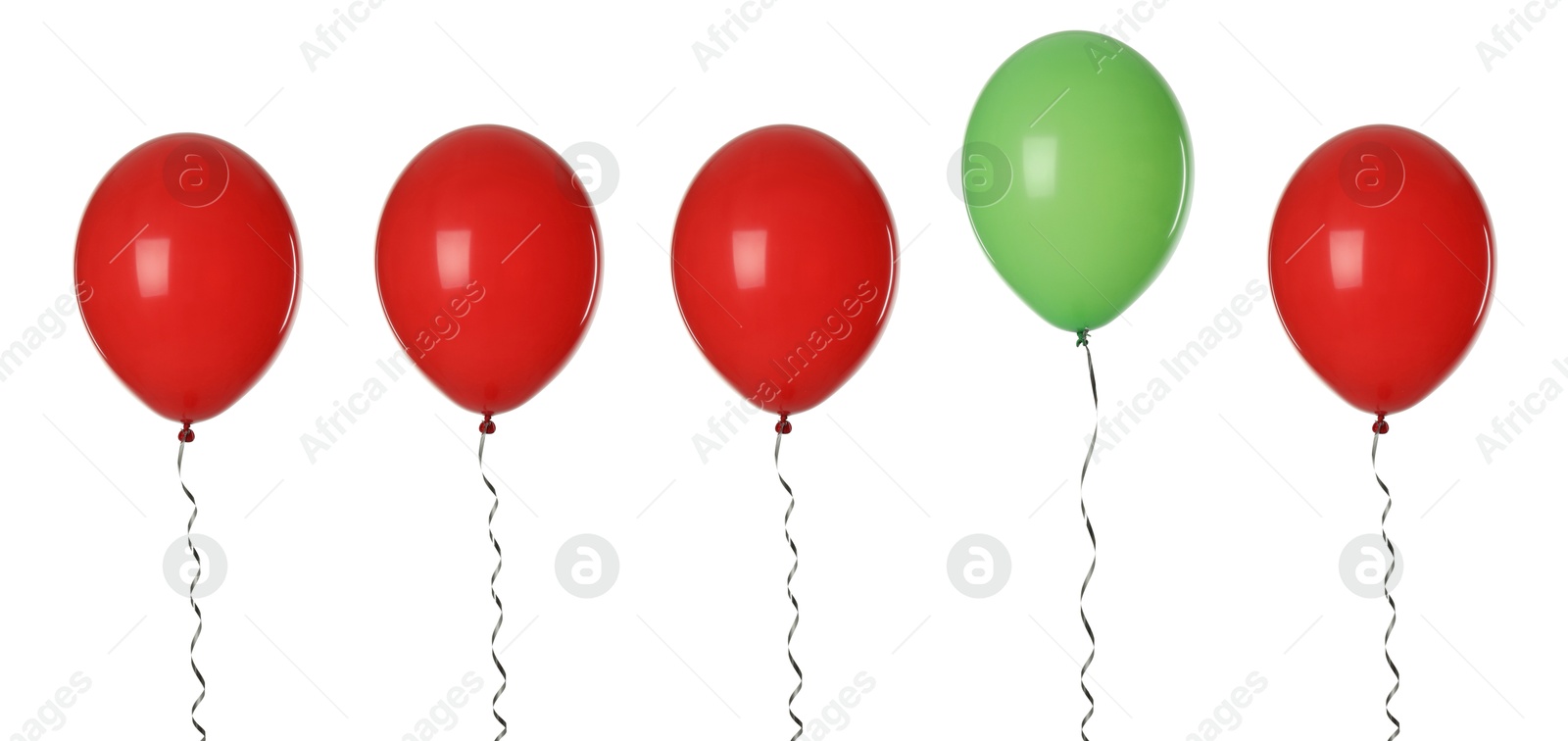 Image of Individuality, uniqueness, different. Green balloon among red ones on white background