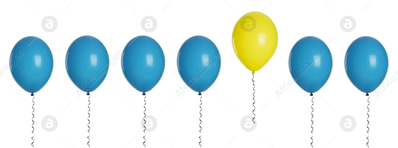 Image of Individuality, uniqueness, different. Yellow balloon among blue ones on white background