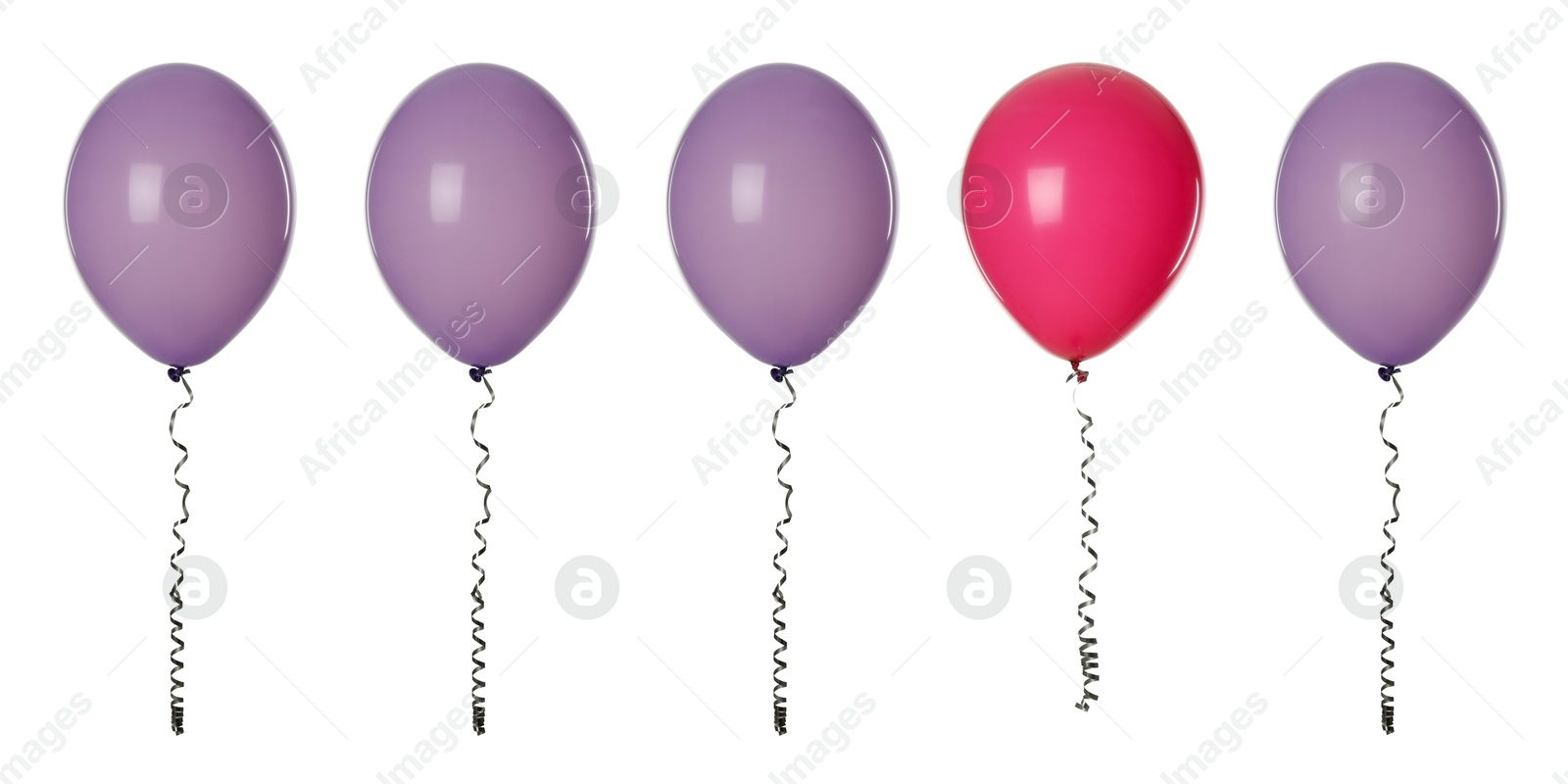 Image of Individuality, uniqueness, different. Crimson balloon among violet ones on white background