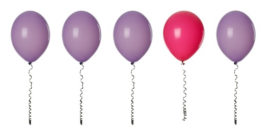 Image of Individuality, uniqueness, different. Crimson balloon among violet ones on white background
