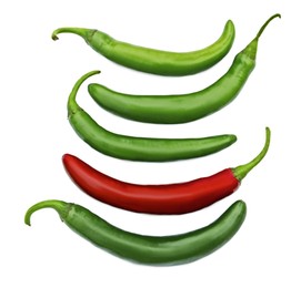 Image of Individuality, uniqueness, different. Red pepper among green ones on white background, top view