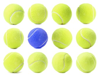 Image of Individuality, uniqueness, different. Blue tennis ball among yellow ones on white background