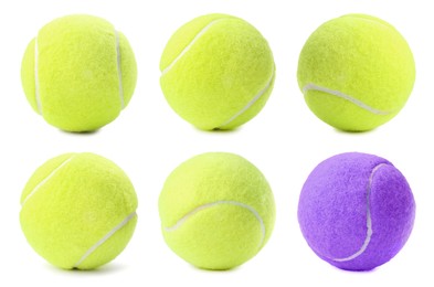 Image of Individuality, uniqueness, different. Purple tennis ball among yellow ones on white background