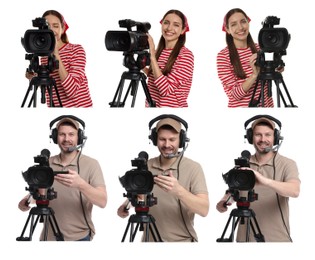 Image of Videographers with video cameras on white background, collage. Professional equipment