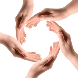 Image of Making circle of human hands on white background. Unity, partnership, cooperation