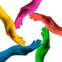 Image of Making circle of human hands painted in different colors on white background. Unity, partnership, cooperation