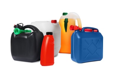 Image of Many different plastic containers on white background