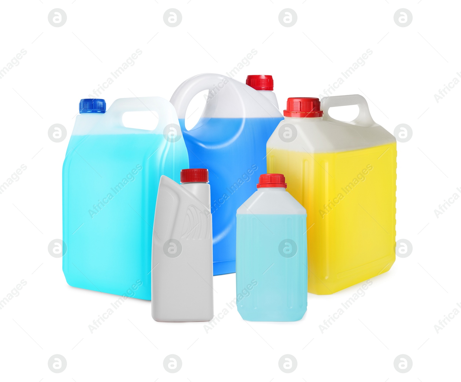 Many different plastic containers on white background Image of Many different plastic containers on white background