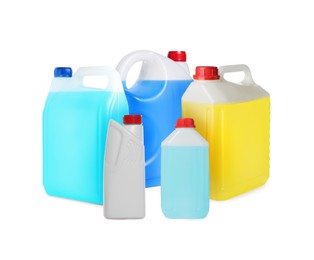 Image of Many different plastic containers on white background