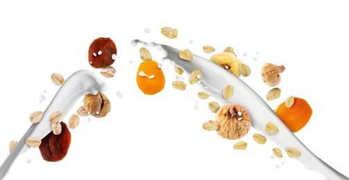 Image of Milk splash with oat flakes and dried fruits in air on white background. Healthy breakfast