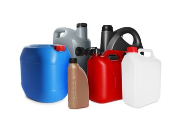 Image of Many different plastic containers on white background
