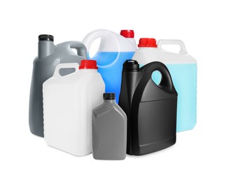 Image of Many different plastic containers on white background