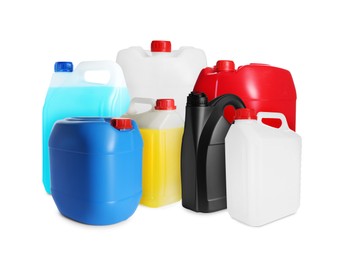 Image of Many different plastic canisters on white background