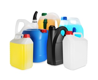 Image of Many different plastic canisters on white background