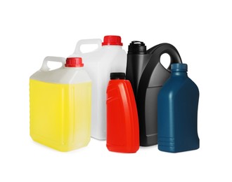 Image of Many different plastic containers on white background