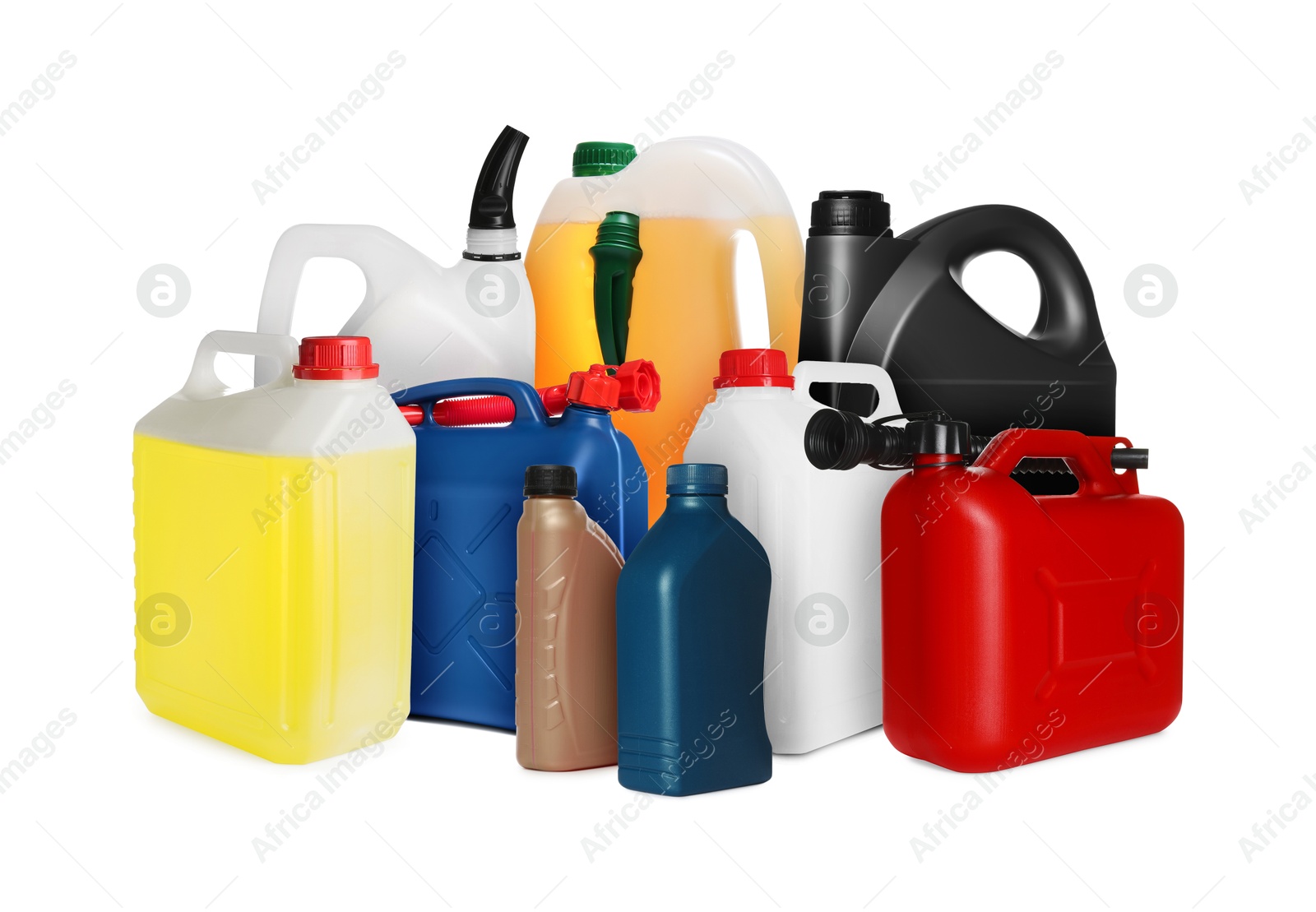 Many different plastic containers on white background Image of Many different plastic containers on white background