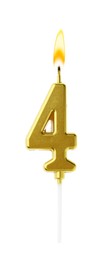 Image of Golden cake candle in shape of number 4 burning on white background. Festive decoration for birthday or other special date