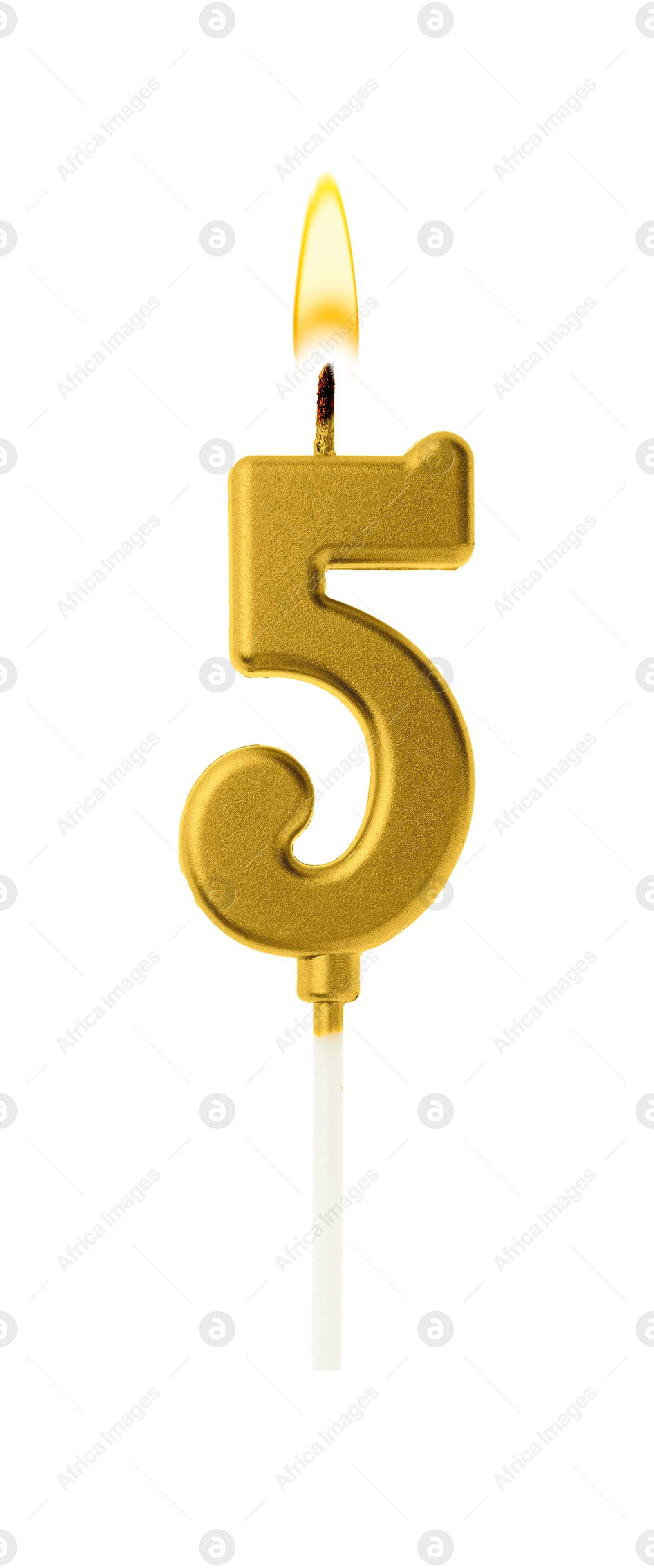 Golden cake candle in shape of number 5 burning on white background. Festive decoration for birthday or other special date Image of Golden cake candle in shape of number 5 burning on white background. Festive decoration for birthday or other special date