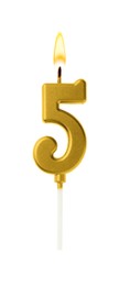 Image of Golden cake candle in shape of number 5 burning on white background. Festive decoration for birthday or other special date