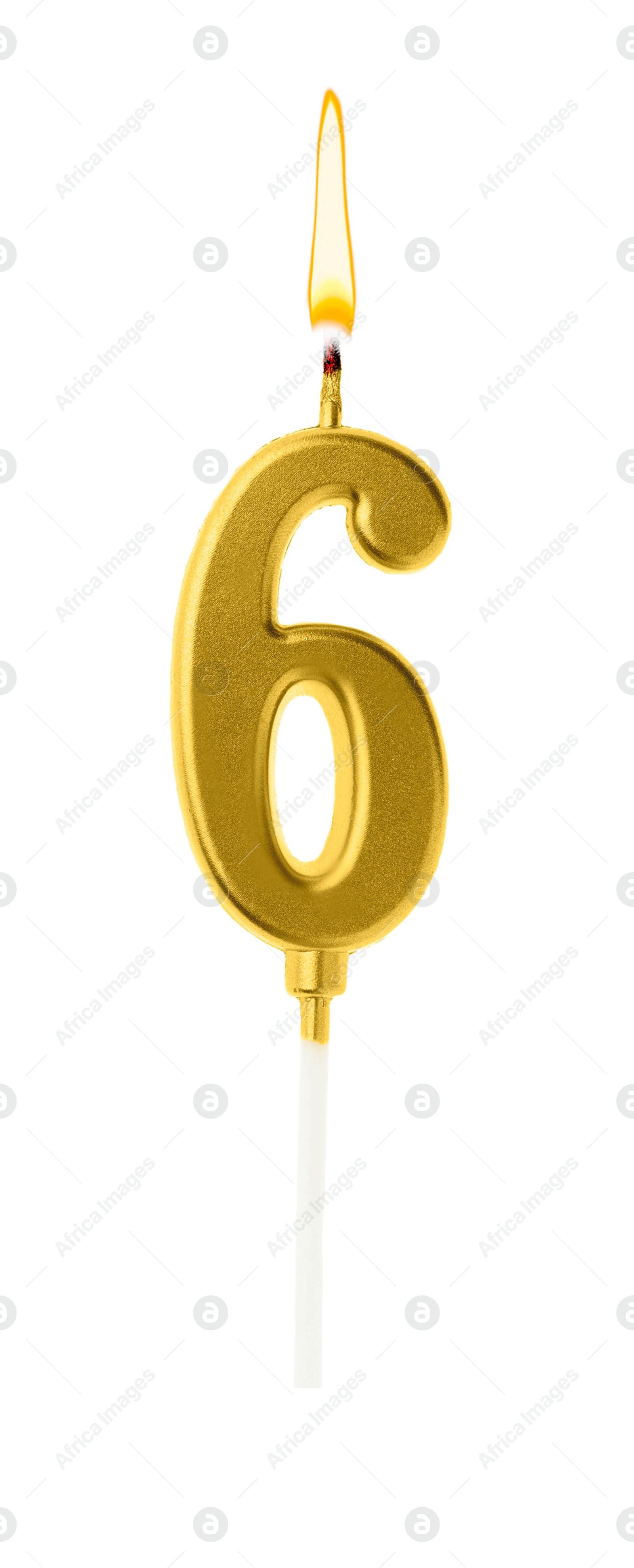 Golden cake candle in shape of number 6 burning on white background. Festive decoration for birthday or other special date Image of Golden cake candle in shape of number 6 burning on white background. Festive decoration for birthday or other special date