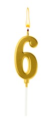 Image of Golden cake candle in shape of number 6 burning on white background. Festive decoration for birthday or other special date
