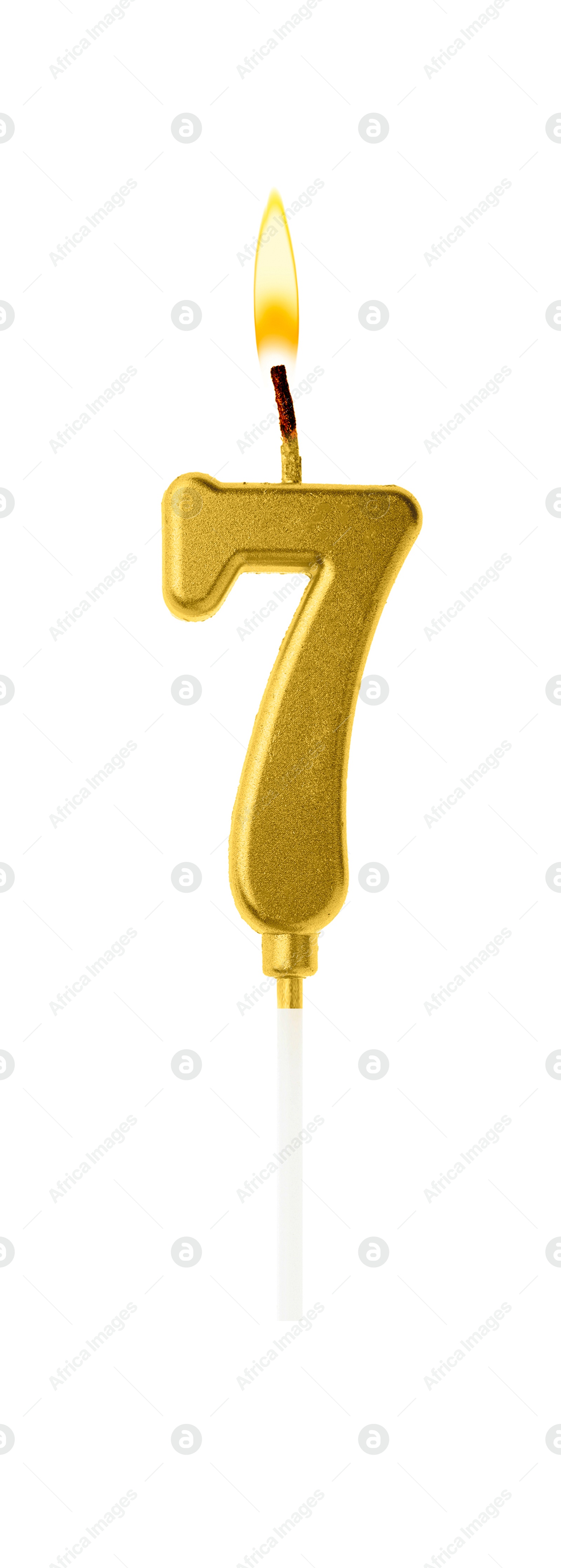 Golden cake candle in shape of number 7 burning on white background. Festive decoration for birthday or other special date Image of Golden cake candle in shape of number 7 burning on white background. Festive decoration for birthday or other special date