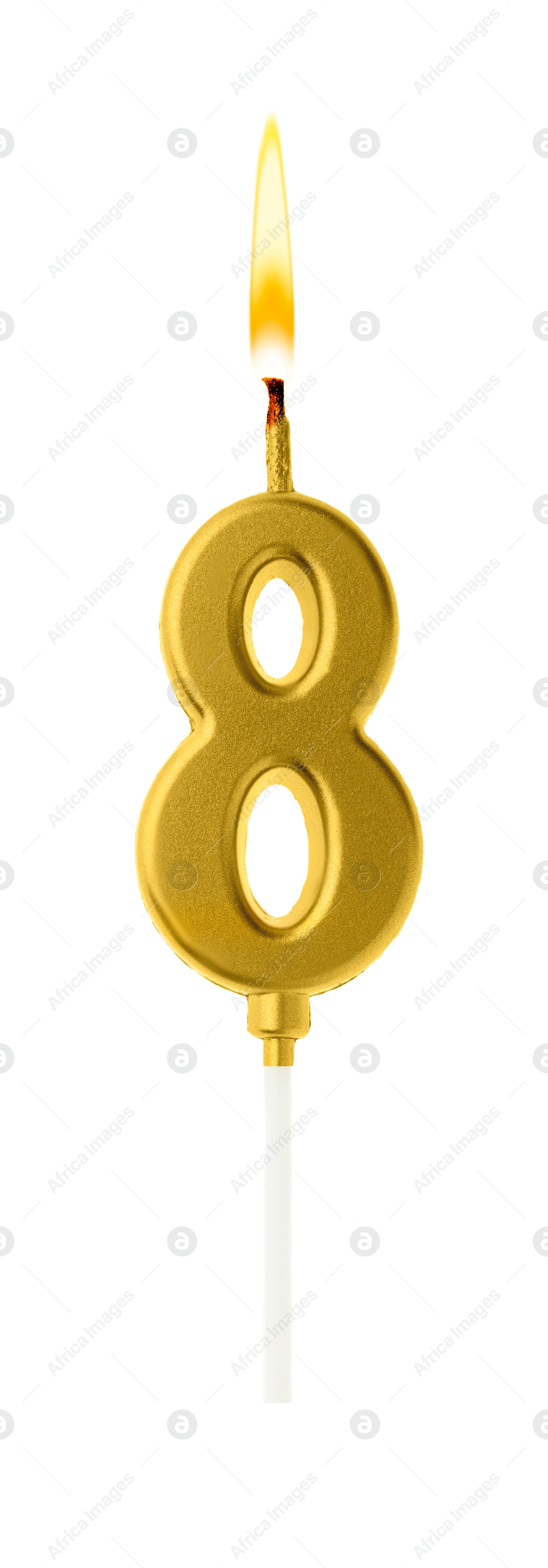 Golden cake candle in shape of number 8 burning on white background. Festive decoration for birthday or other special date Image of Golden cake candle in shape of number 8 burning on white background. Festive decoration for birthday or other special date