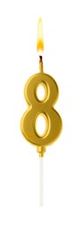 Image of Golden cake candle in shape of number 8 burning on white background. Festive decoration for birthday or other special date