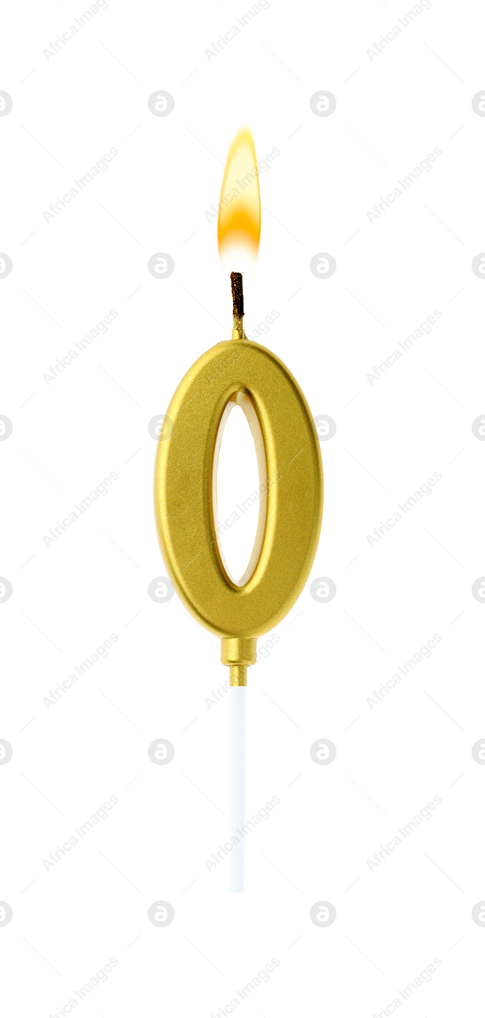 Golden cake candle in shape of number 0 burning on white background. Festive decoration for birthday or other special date Image of Golden cake candle in shape of number 0 burning on white background. Festive decoration for birthday or other special date