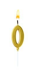 Image of Golden cake candle in shape of number 0 burning on white background. Festive decoration for birthday or other special date