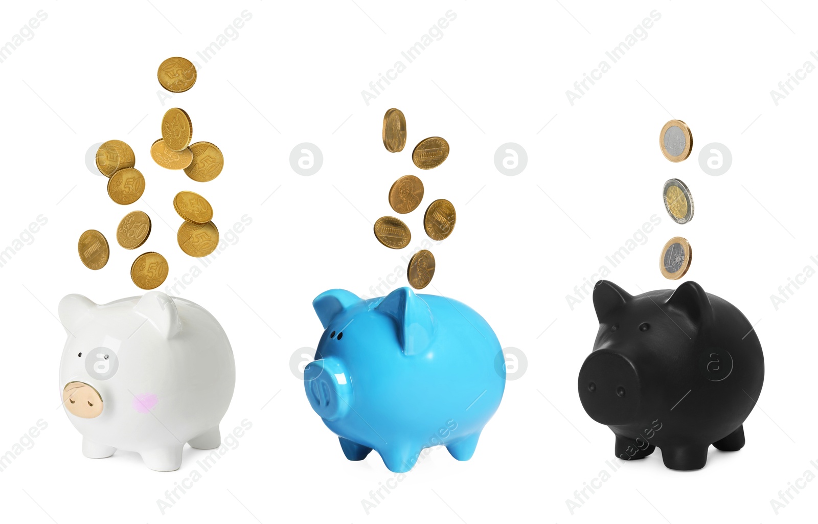 Coins falling into different piggy banks on white background, set Image of Coins falling into different piggy banks on white background, set