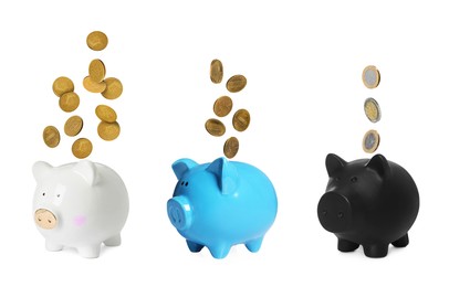 Image of Coins falling into different piggy banks on white background, set
