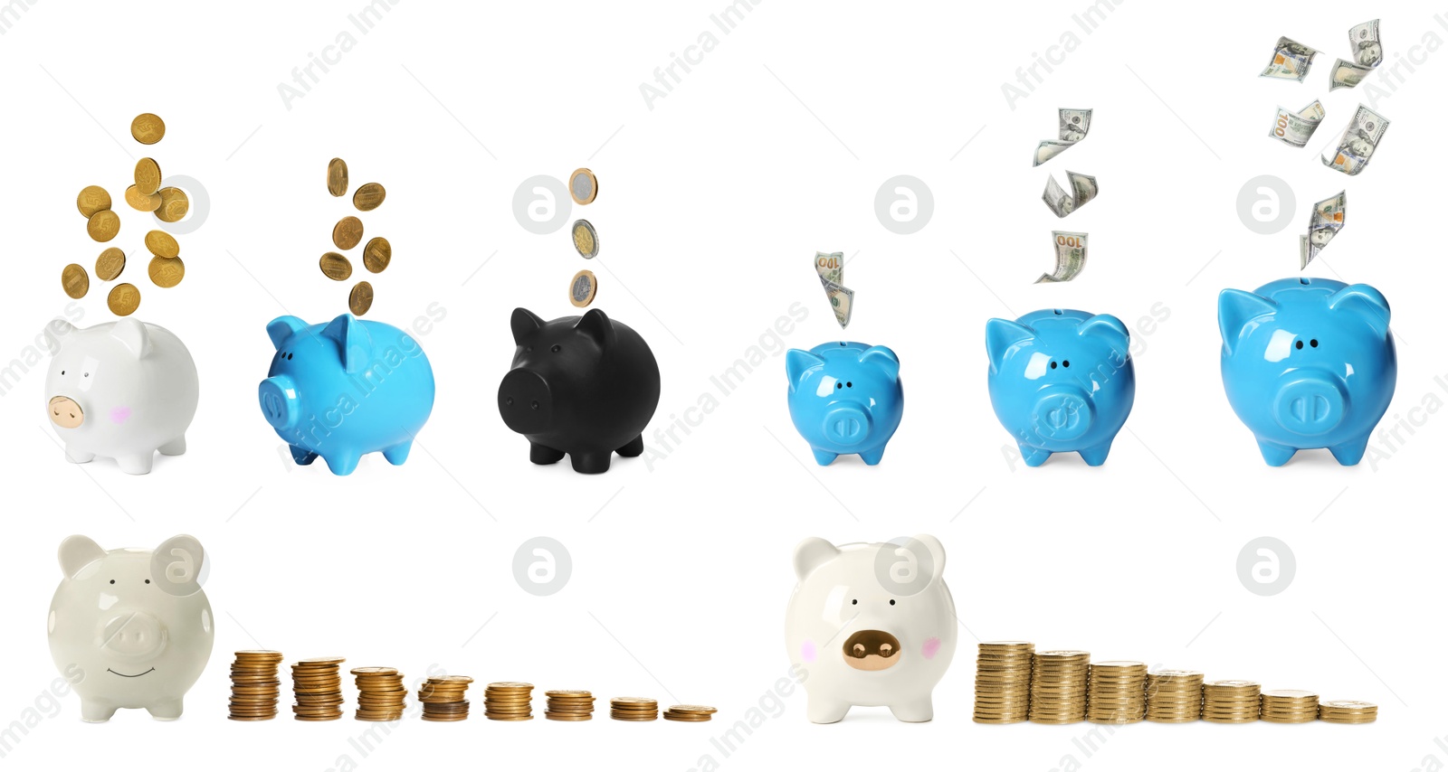 Different piggy banks, dollar bills and coins on white background, collage Image of Different piggy banks, dollar bills and coins on white background, collage