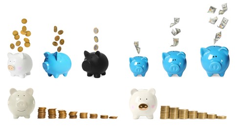 Image of Different piggy banks, dollar bills and coins on white background, collage