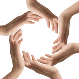 Image of Making circle of human hands on white background. Unity, partnership, cooperation