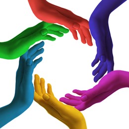 Image of Making circle of human hands painted in different colors on white background. Unity, partnership, cooperation
