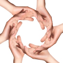 Image of Making circle of human hands on white background. Unity, partnership, cooperation