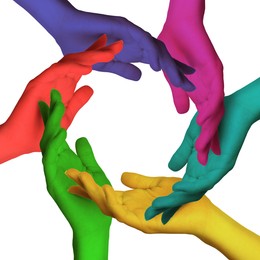 Image of Making circle of human hands painted in different colors on white background. Unity, partnership, cooperation