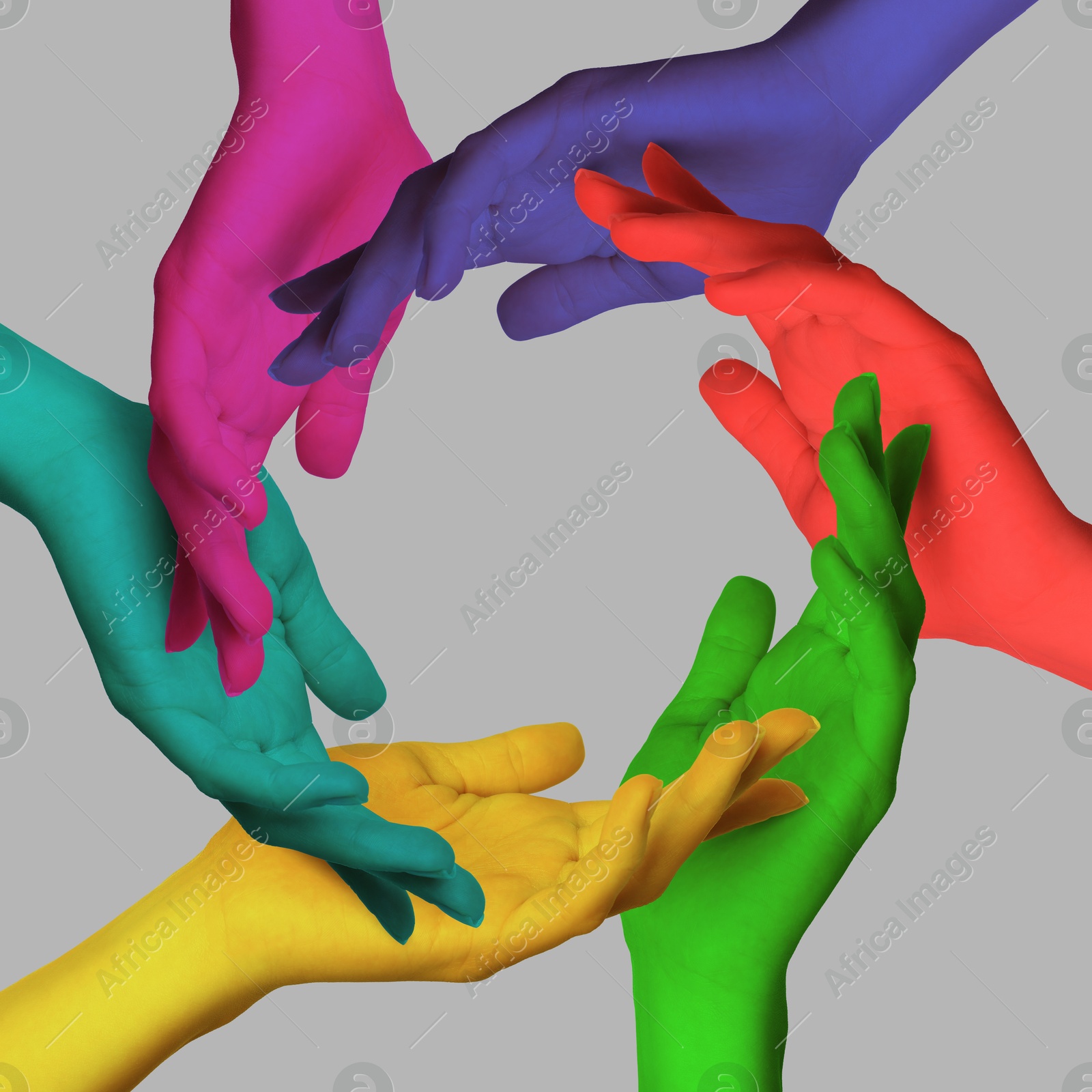 Making circle of human hands painted in different colors on grey background. Unity, partnership, cooperation Image of Making circle of human hands painted in different colors on grey background. Unity, partnership, cooperation