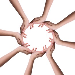 Image of Making circle of human hands on white background. Unity, partnership, cooperation