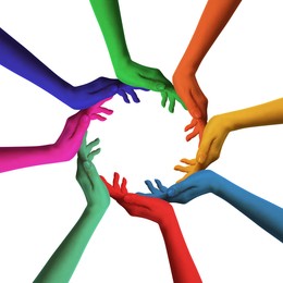 Image of Making circle of human hands painted in different colors on white background. Unity, partnership, cooperation