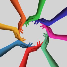 Image of Making circle of human hands painted in different colors on grey background. Unity, partnership, cooperation