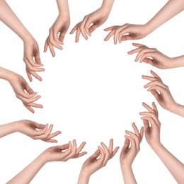 Image of Making circle of human hands on white background. Unity, partnership, cooperation
