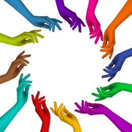 Image of Making circle of human hands painted in different colors on white background. Unity, partnership, cooperation
