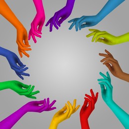 Image of Making circle of human hands painted in different colors on grey background. Unity, partnership, cooperation