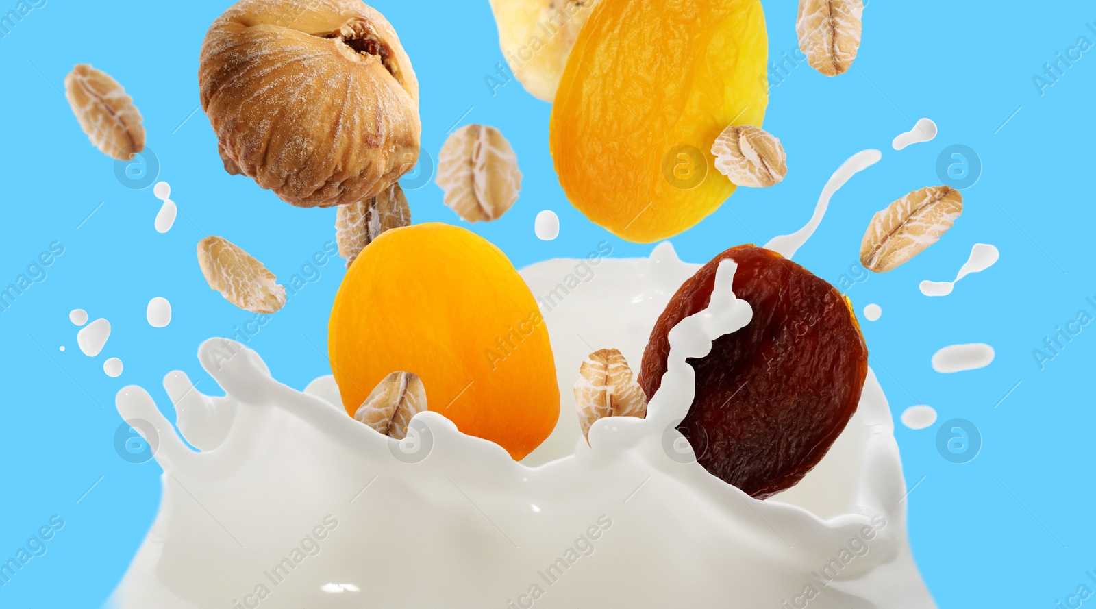 Milk splash with oat flakes and dried fruits in air on light blue background. Banner design Image of Milk splash with oat flakes and dried fruits in air on light blue background. Banner design
