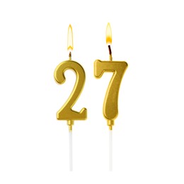 Image of Burning golden cake candles composing number 27 on white background. Festive decoration for birthday or other special date